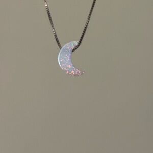 White Opal Moon Necklace Crescent Moon Choker Sterling Silver Length 16+2 Inches